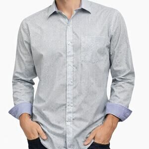 Johnston & Murphy Dress Shirt Geo Print Contrast Flip Cuffs Men L Blue Green